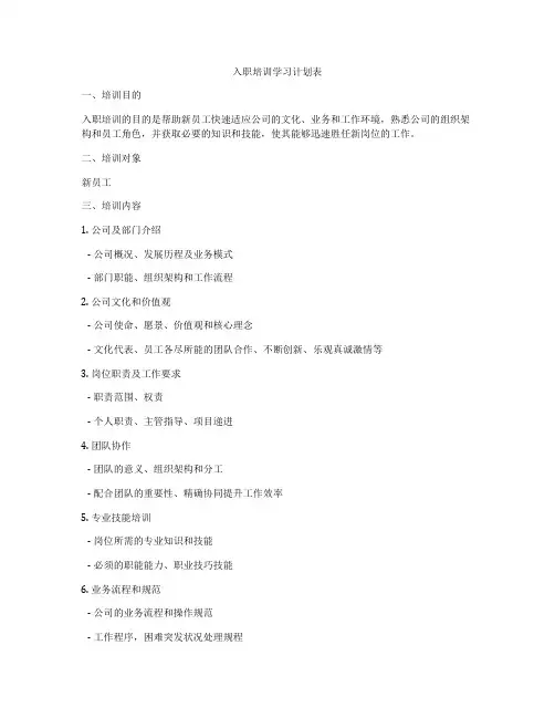 入职培训学习计划表