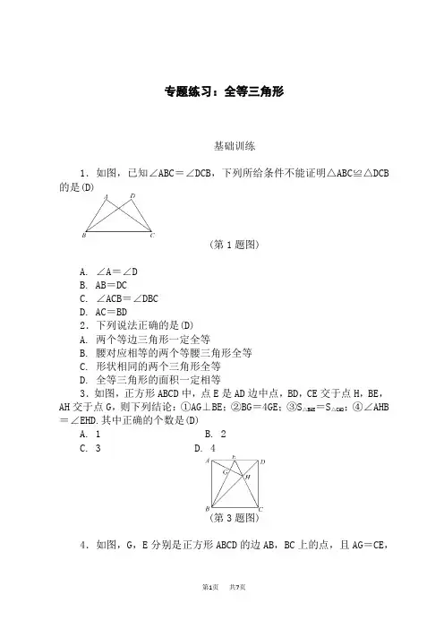 人教版八年级数学上册(RJ)专题练习：全等三角形
