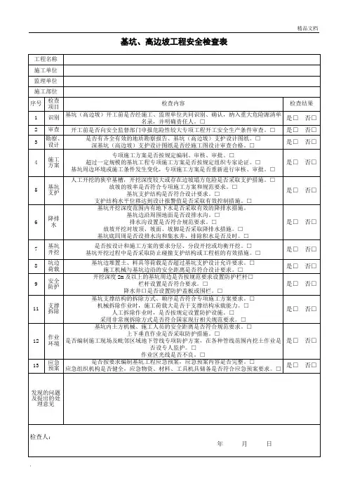 深基坑、高边坡开挖安全检查表