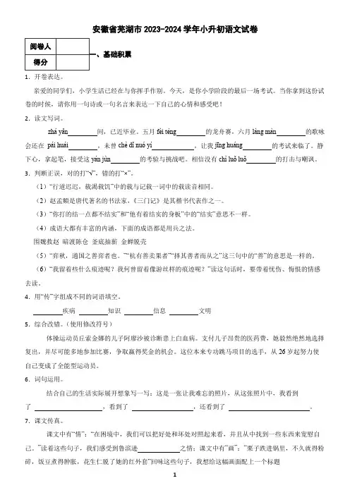 安徽省芜湖市2023-2024学年小升初语文试卷(含答案)