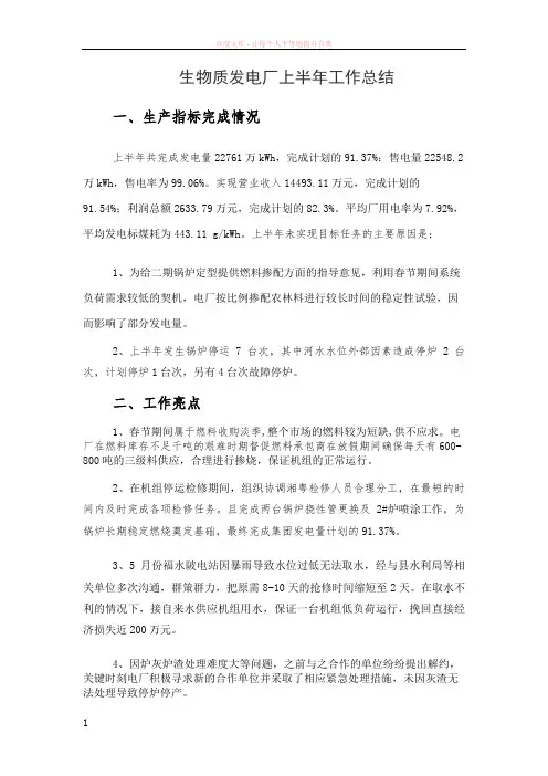 生物质发电厂上半年工作总结