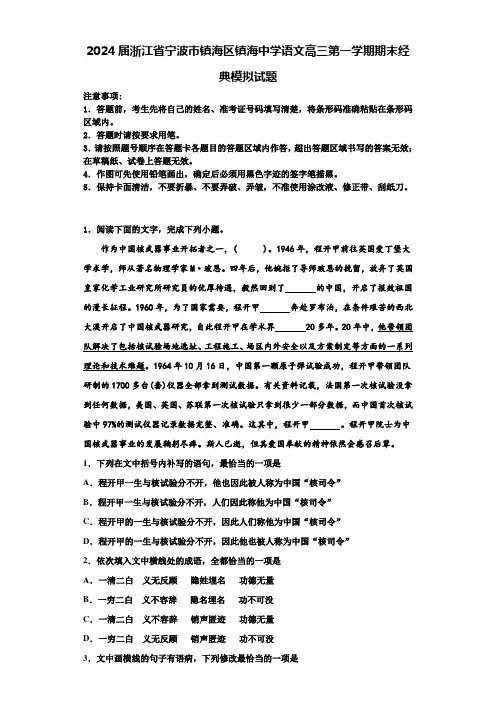2024届浙江省宁波市镇海区镇海中学语文高三第一学期期末经典模拟试题含解析