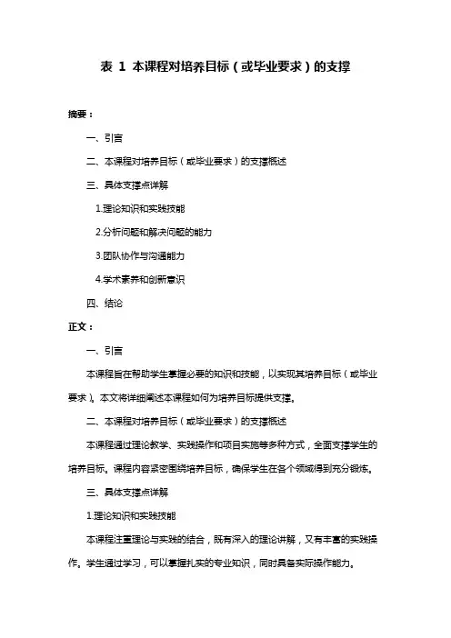 表 1 本课程对培养目标(或毕业要求)的支撑