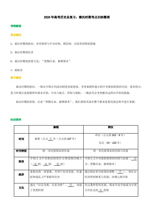 2020年高考历史总复习：秦汉时期考点归纳整理附答案解析