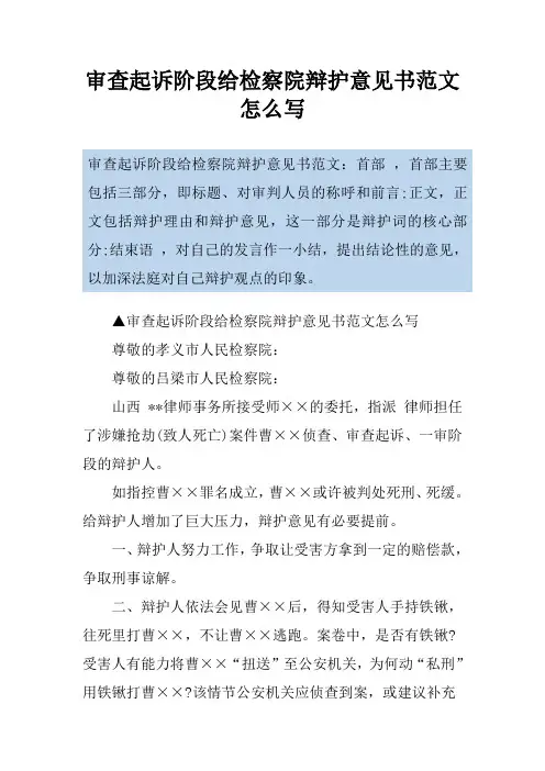 审查起诉阶段给检察院辩护意见书范文怎么写