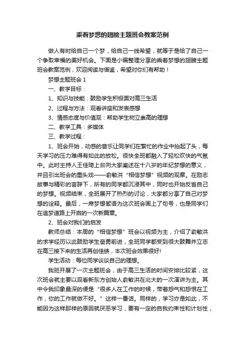 乘着梦想的翅膀主题班会教案范例