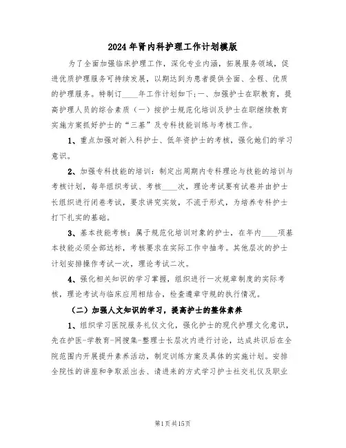 2024年肾内科护理工作计划模版(五篇)
