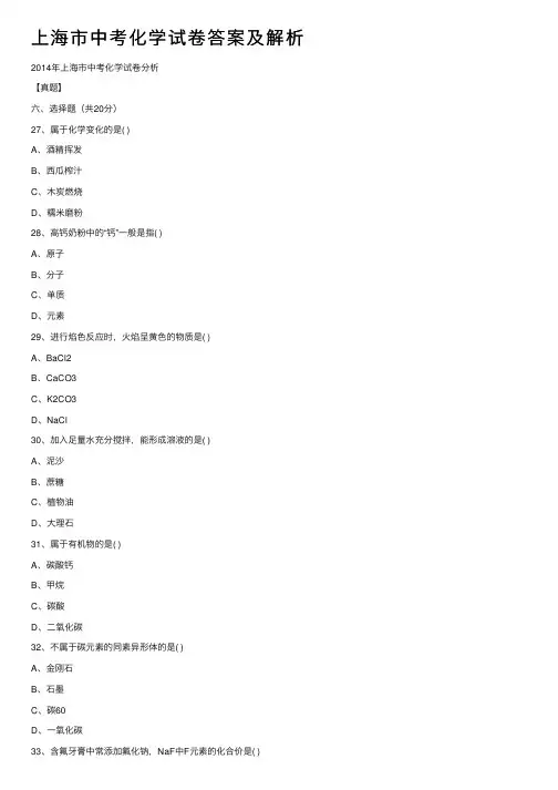 上海市中考化学试卷答案及解析