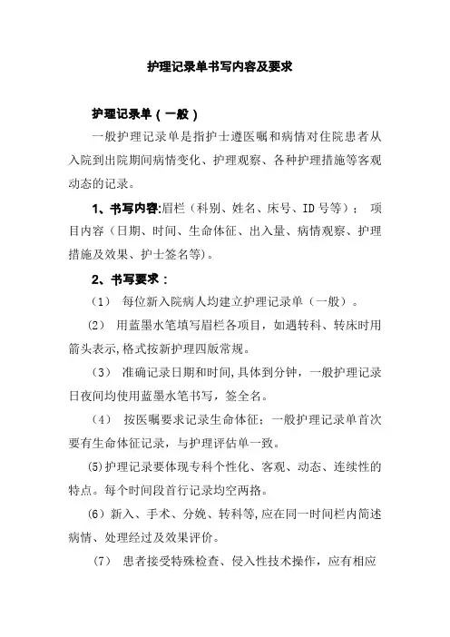 护理记录单书写内容及要求【范本模板】