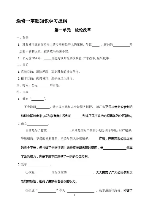 高中历史选修一(改革)基础知识填空及答案
