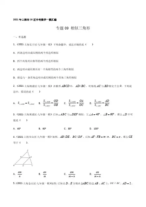 2021年上海市16区中考数学一模考点分类汇编专题09 相似三角形(逐题详解版)