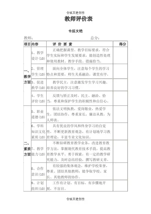 教师自我评价表之令狐文艳创作