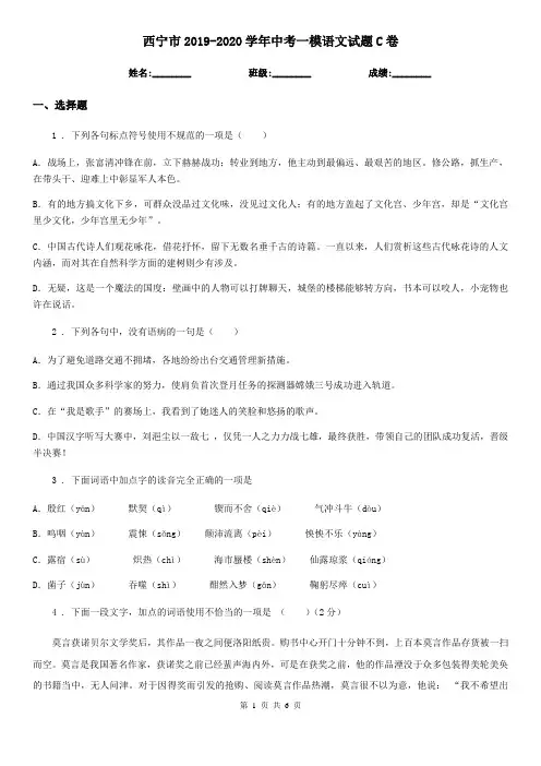 西宁市2019-2020学年中考一模语文试题C卷