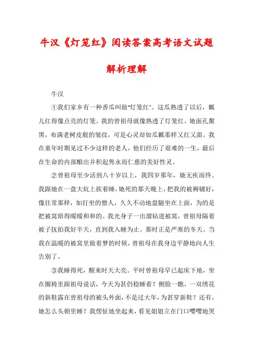 牛汉《灯笼红》阅读答案高考语文试题解析理解