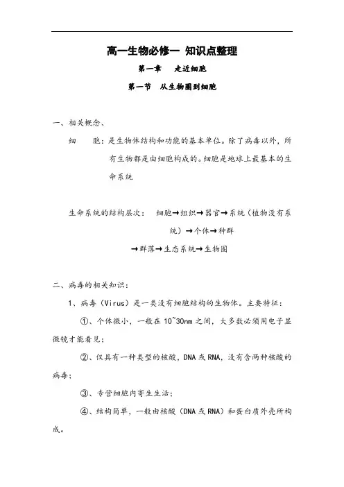 人教版高一生物必修一全册知识点总结