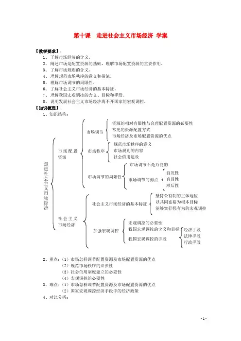 高中政治第十课《走进社会主义市场经济》精品学案新人教版必修1