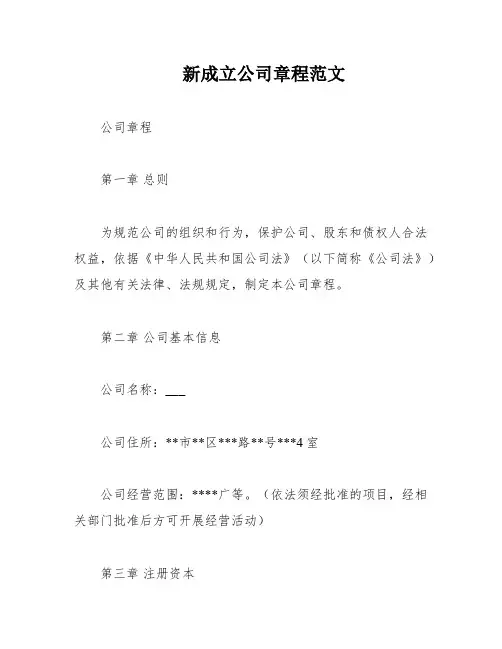 新成立公司章程范文
