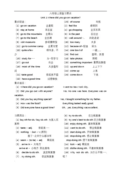 新人教版八年级上册英语重点知识点短语句型(精华版)