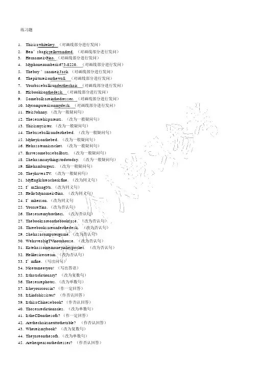 初一上册一般疑问句及否定句练习