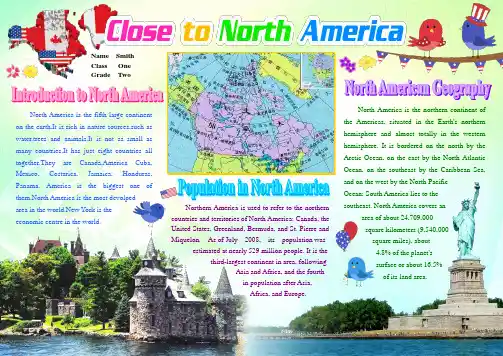 Close to North America2316A4英语电子小报成品外语双语手抄报模板走进北美洲简报板报英文剪报画报海报报纸