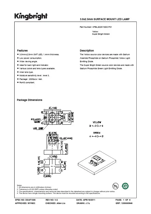 3.0x2.5mm 低功耗绿色LED灯泡说明书