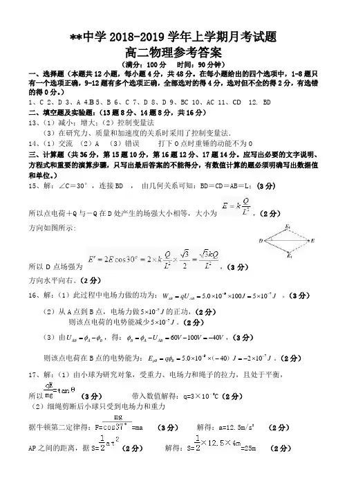 2018-2019年度下学期高二物理月考试题 参考答案