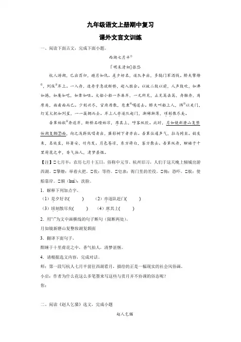 期中专题复习：课外文言文训练--部编版语文九年级上册