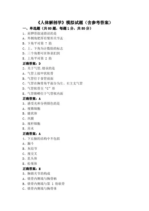 《人体解剖学》模拟试题(含参考答案)