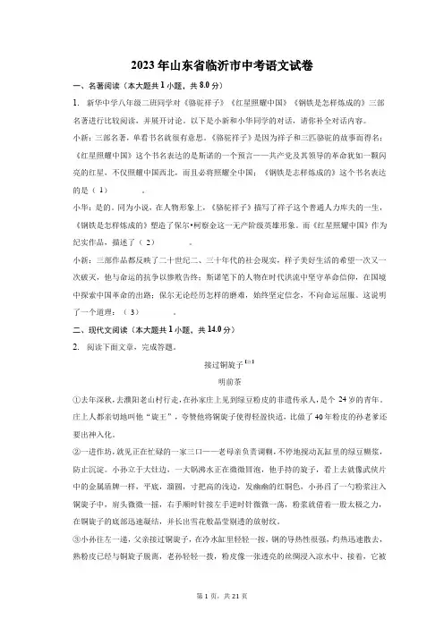 2023年山东省临沂市中考语文试卷(含解析)
