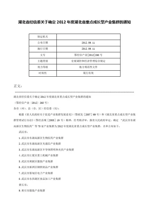 湖北省经信委关于确定2012年度湖北省重点成长型产业集群的通知-鄂经信产业[2012]268号