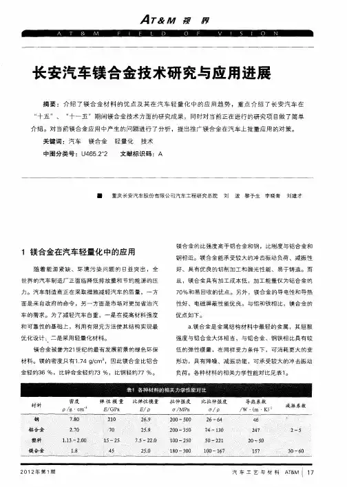 长安汽车镁合金技术研究与应用进展