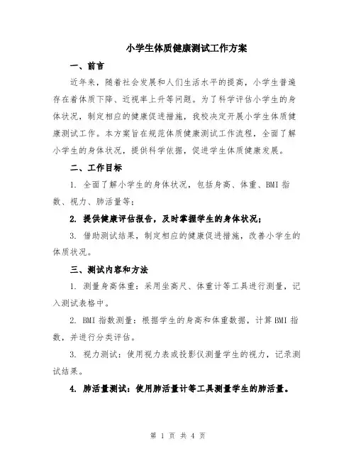 小学生体质健康测试工作方案