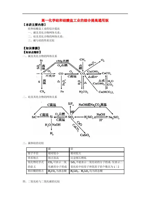 高一化学硅和硅酸盐工业的综合提高