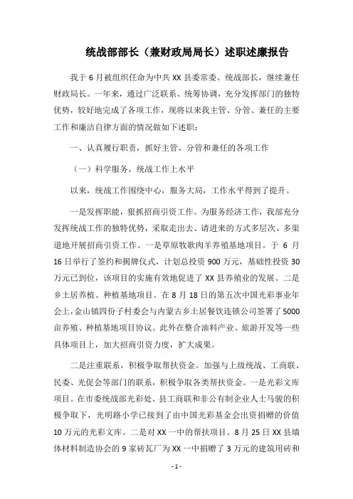 2019统战部部长(兼财政局局长)述职述廉报告