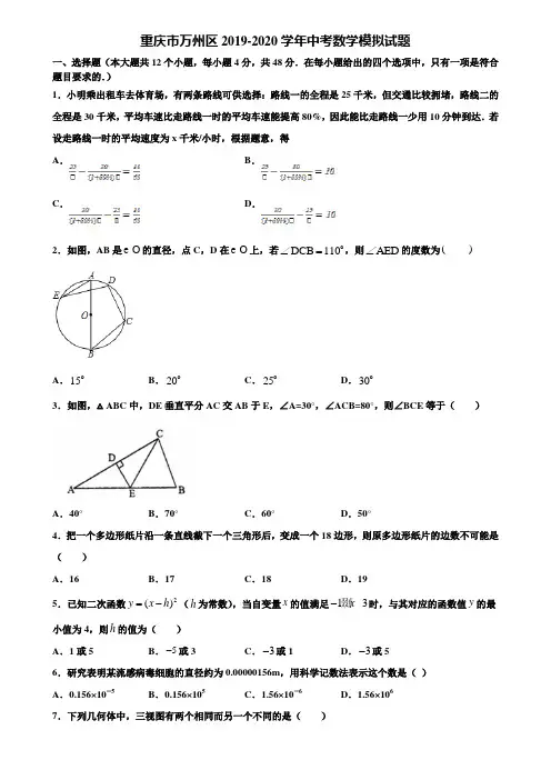 重庆市万州区2019-2020学年中考数学模拟试题含解析
