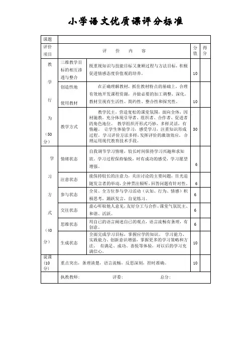 小学语文优质课评分标准