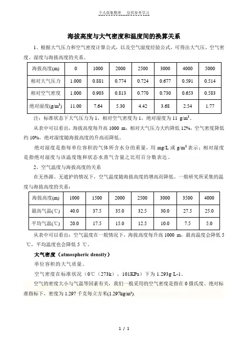 海拔与大气密度和温度间的换算关系