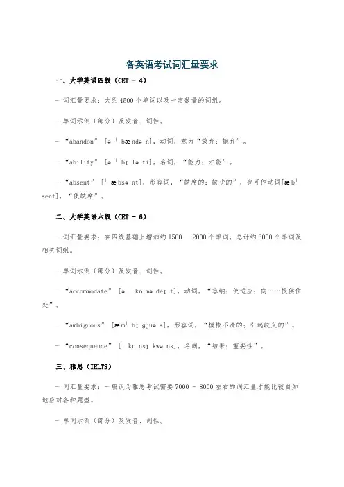 各英语考试词汇量要求