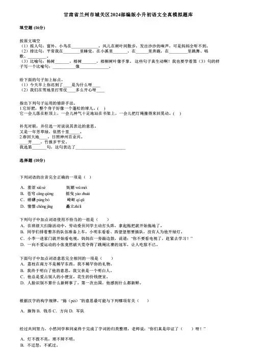 甘肃省兰州市城关区2024部编版小升初语文全真模拟题库
