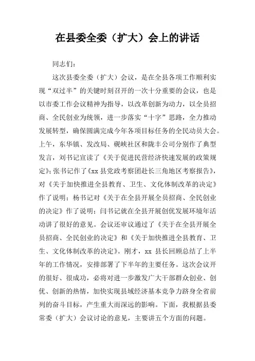 在县委全委(扩大)会上的讲话