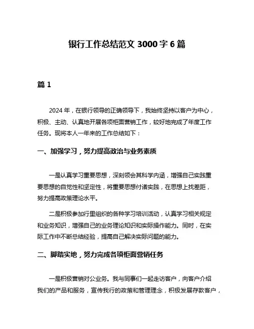 银行工作总结范文3000字6篇