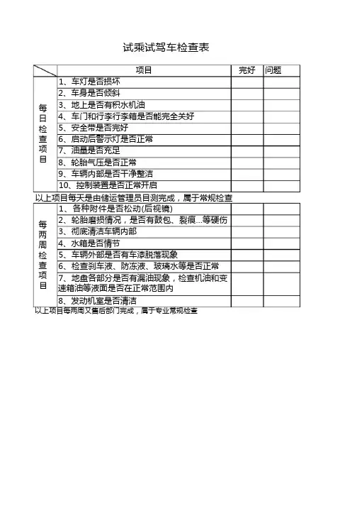 试乘试驾车检查表