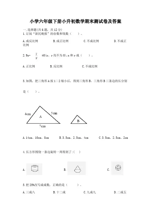 小学六年级下册小升初数学期末测试卷带完整答案(易错题)