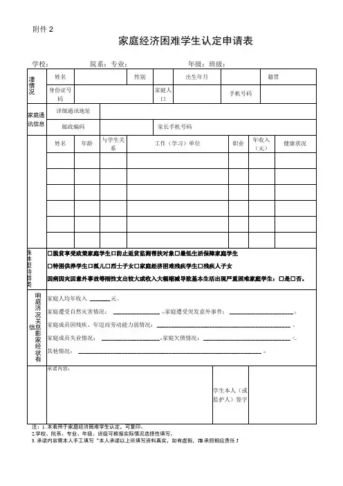 职业技术学院家庭经济困难学生认定申请表