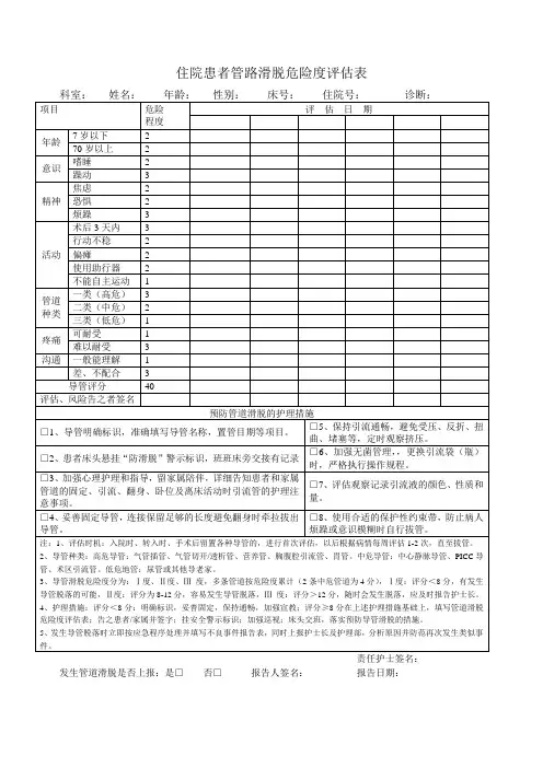 住院患者管路滑脱危险度评估表 Microsoft Word 文档