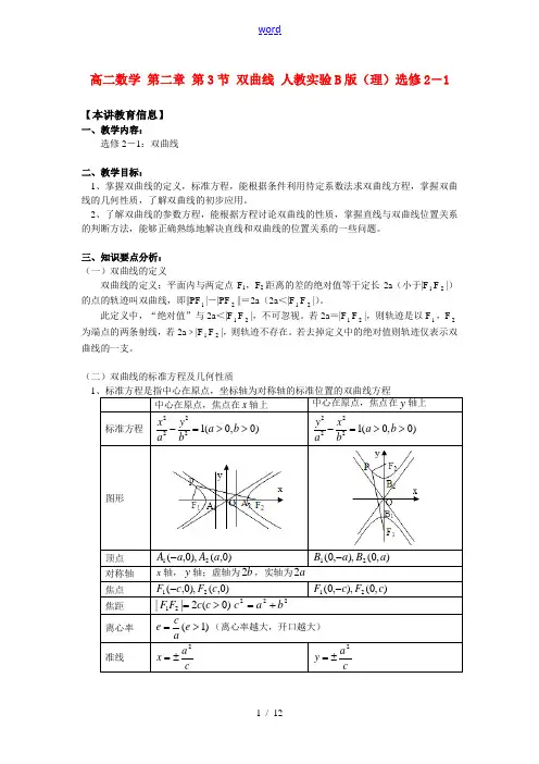 高二数学 第二章 第3节 双曲线(理)知识精讲 人教实验B版选修2-1