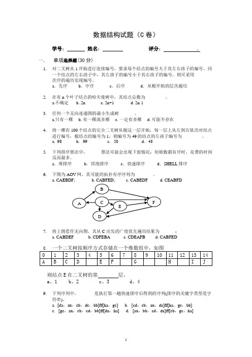 数据结构试卷期末试卷(2007年06级C)(信息)