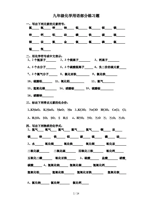 九年级化学用语部分练习题