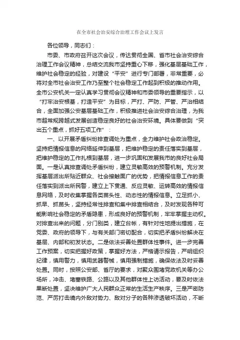 在全市社会治安综合治理工作会议上发言_发言稿_