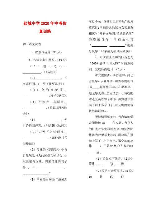 盐城中学中考语文仿真试卷及答案